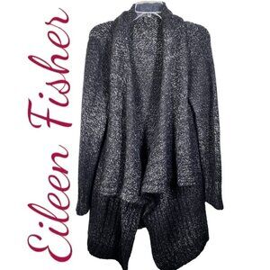 EILEEN FISHER Alpaca‎ Fuzzy Wool Open Waterfall Cardigan Black & Gray, Medium